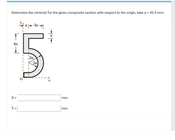 Determine the centroid for the given composite section with respect to the origin, take a = 30.5 mm.
3a
4a
30
mm
=
mm
