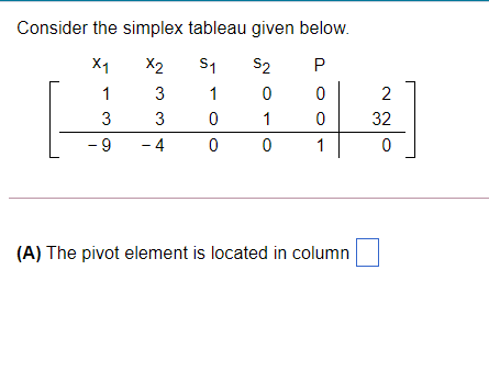 Consider the simplex tableau given below.
X1
X2
S1
S2
P
1
3
1
3
3
1
32
- 9
- 4
1
A) The pivot element is located in column
