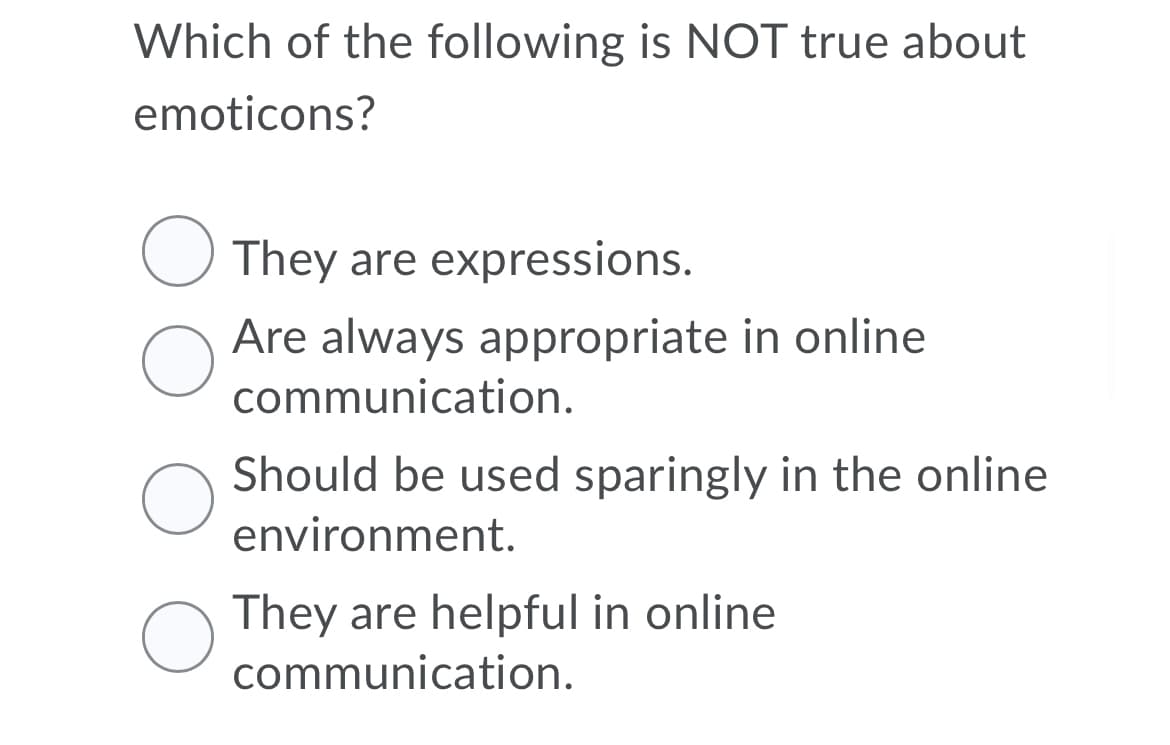 Which of the following is NOT true about
emoticons?
They are expressions.
Are always appropriate in online
communication.
Should be used sparingly in the online
environment.
They are helpful in online
communication.
