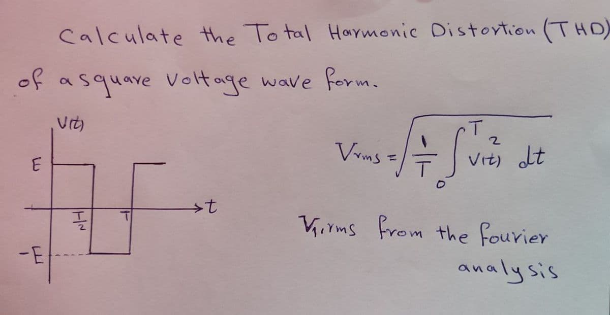 Calculate the To tal Harmonic Distovtion (THD)
of asquare Volt age wave form.
Vit)
2.
Vrms =
Vit) lt
E
Virms from the fourier
-E
analysis
