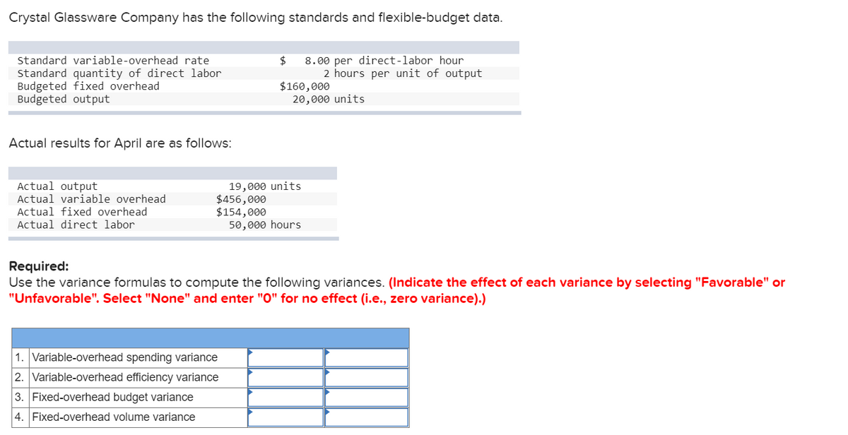Crystal Glassware Company has the following standards and flexible-budget data.
8.00 per direct-labor hour
2 hours per unit of output
standard variable-overhead rate
$
Standard quantity of direct labor
Budgeted fixed overhead
Budgeted output
$160,000
20,000 units
Actual results for April are as follows:
Actual output
19,000 units
$456,000
$154,000
50,000 hours
Actual variable overhead
Actual fixed overhead
Actual direct labor
Required:
Use the variance formulas to compute the following variances. (Indicate the effect of each variance by selecting "Favorable" or
"Unfavorable". Select "None" and enter "O" for no effect (i.e., zero variance).)
1. Variable-overhead spending variance
2. Variable-overhead efficiency variance
3. Fixed-overhead budget variance
4. Fixed-overhead volume variance
