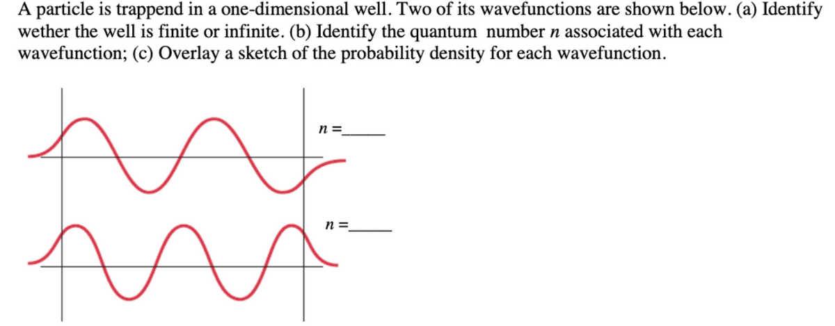 A particle is trappend in a one-dimensional well. Two of its wavefunctions are shown below. (a) Identify
wether the well is finite or infinite. (b) Identify the quantum number n associated with each
wavefunction; (c) Overlay a sketch of the probability density for each wavefunction.
n =
n =
