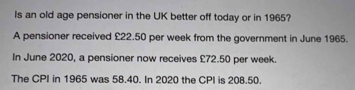 Is an old age pensioner in the UK better off today or in 1965?
A pensioner received £22.50 per week from the government in June 1965.
In June 2020, a pensioner now receives £72.50 per week.
The CPI in 1965 was 58.40. In 2020 the CPI is 208.50.
