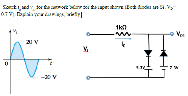 Sketch i, and v, for the network below for the input shown (Both diodes are Si. VD=
0.7 V). Explain your drawings, briefly
1kQ
Vi
-o Vo1
20 V
Vi
5.3V
7.3V
-20 V
