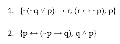 1. {-(-q v p) → r, (r → ~p), p}
2. (р (-р — ф), ч ^ р}
