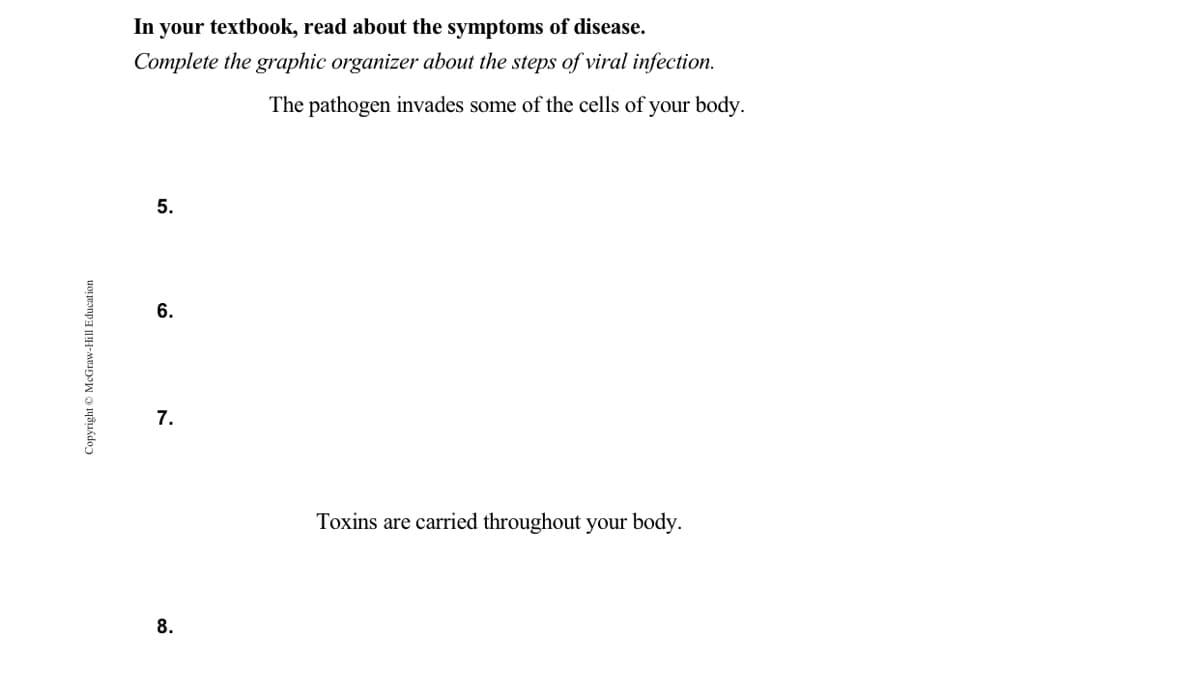 In your textbook, read about the symptoms of disease.
Complete the graphic organizer about the steps of viral infection.
The pathogen invades some of the cells of your body.
5.
6.
7.
Toxins are carried throughout your body.
8.
Copyright © McGraw-Hill Education
