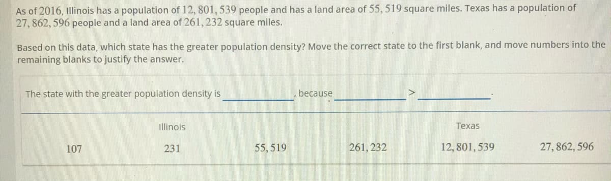 As of 2016, Illinois has a population of 12, 801,539 people and has a land area of 55, 519 square miles. Texas has a population of
27 , 862, 596 people and a land area of 261, 232 square miles.
Based on this data, which state has the greater population density? Move the correct state to the first blank, and move numbers into the
remaining blanks to justify the answer.
The state with the greater population density is
because
illinois
Texas
107
231
55,519
261, 232
12, 801, 539
27, 862, 596
