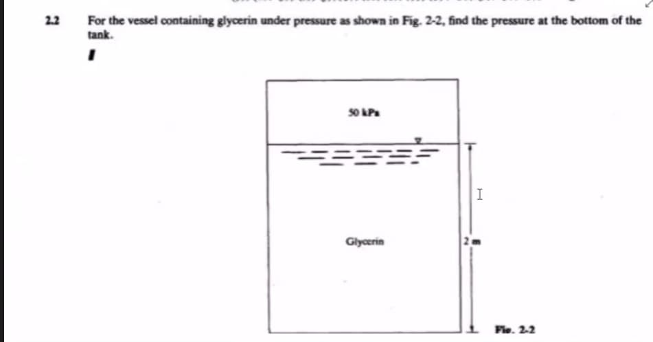 For the vessel containing glycerin under pressure as shown in Fig. 2-2, find the pressure at the bottom of the
tank.
2.2
S0 LP
Glycerin
Fie. 22
