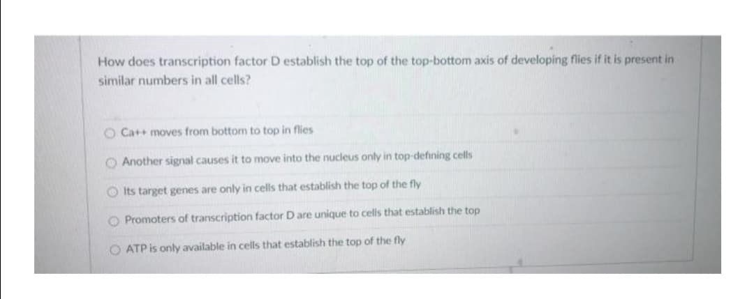 How does transcription factor D establish the top of the top-bottom axis of developing flies if it is present in
similar numbers in all cells?
O Ca++ moves from bottom to top in flies
O Another signal causes it to move into the nucleus only in top-defining cells
O Its target genes are only in cells that establish the top of the fly
O Promoters of transcription factor D are unique to cells that establish the top
O ATP is only available in cells that establish the top of the fly
