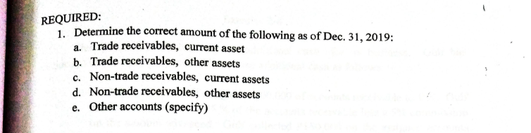 REQUIRED:
1. Determine the correct amount of the following as of Dec. 31, 2019:
a. Trade receivables, current asset
b. Trade receivables, other assets
Non-trade receivables, current assets
d. Non-trade receivables, other assets
e. Other accounts (specify)
C.
