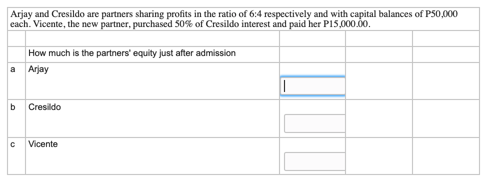 Arjay and Cresildo are partners sharing profits in the ratio of 6:4 respectively and with capital balances of P50,000
each. Vicente, the new partner, purchased 50% of Cresildo interest and paid her P15,000.00.
How much is the partners' equity just after admission
a
Arjay
b
Cresildo
Vicente
