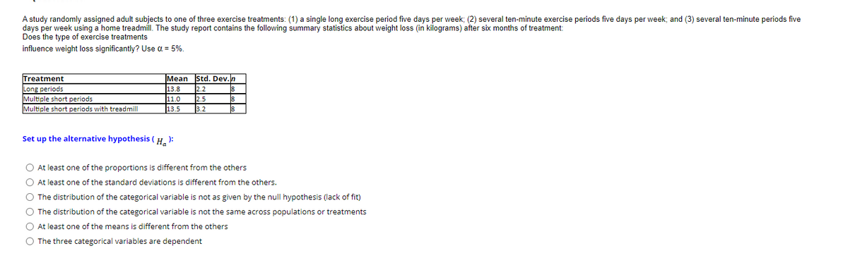 A study randomly assigned adult subjects to one of three exercise treatments: (1) a single long exercise period five days per week; (2) several ten-minute exercise periods five days per week; and (3) several ten-minute periods five
days per week using a home treadmill. The study report contains the following summary statistics about weight loss (in kilograms) after six months of treatment:
Does the type of exercise treatments
influence weight loss significantly? Use a = 5%.
Treatment
Std. Dev.
Long periods
Multiple short periods
Multiple short periods with treadmill
Mean
13.8
11.0
13.5
2.2
2.5
3.2
Set up the alternative hypothesis ( H. ):
O At least one of the proportions is different from the others
O At least one of the standard deviations is different from the others.
O The distribution of the categorical variable is not as given by the null hypothesis (lack of fit)
O The distribution of the categorical variable is not the same across populations or treatments
O At least one of the means is different from the others
O The three categorical variables are dependent
