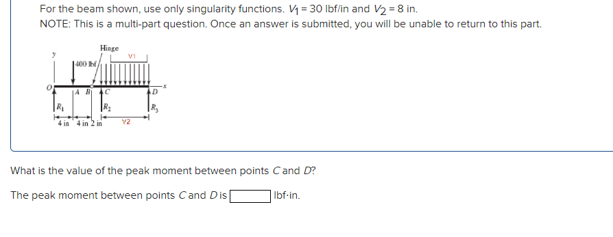 For the beam shown, use only singularity functions. V = 30 lbf/in and V2 = 8 in.
NOTE: This is a multi-part question. Once an answer is submitted, you will be unable to return to this part.
Hinge
V1
1400 lbf
|A B 4C
AD
|R
4 in 4 in 2 in
V2
What is the value of the peak moment between points Cand D?
The peak moment between points Cand Dis
Ibf-in.
