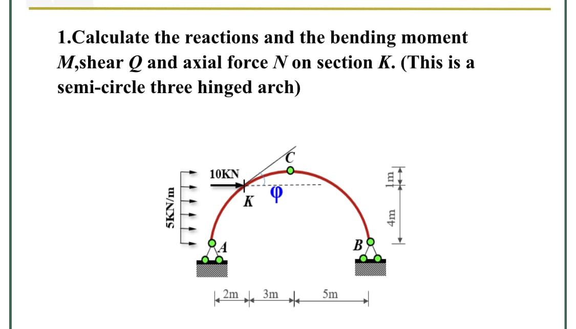 1.Calculate the reactions and the bending moment
M,shear Q and axial force N on section K. (This is a
semi-circle three hinged arch)
10KN
2m
3m
5m
5KN/m
4m
