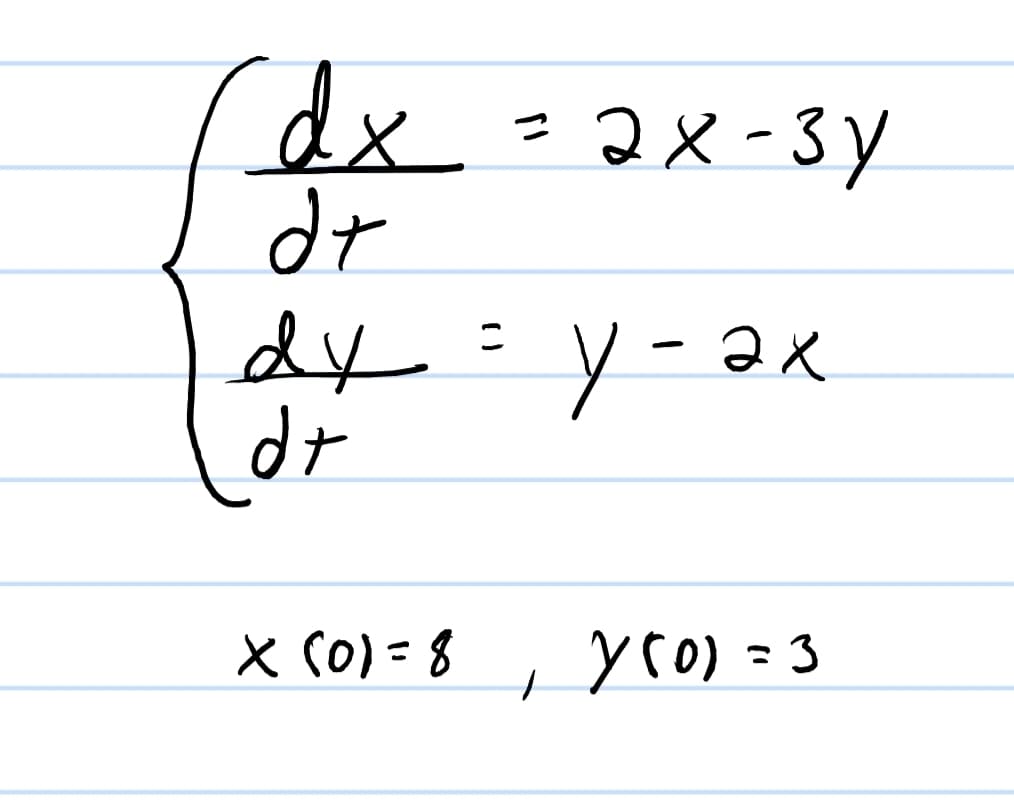 dx
=2x-3Y
つ
こ
dr
xe -
× C0) = 8 , yc0) = 3
%3D
