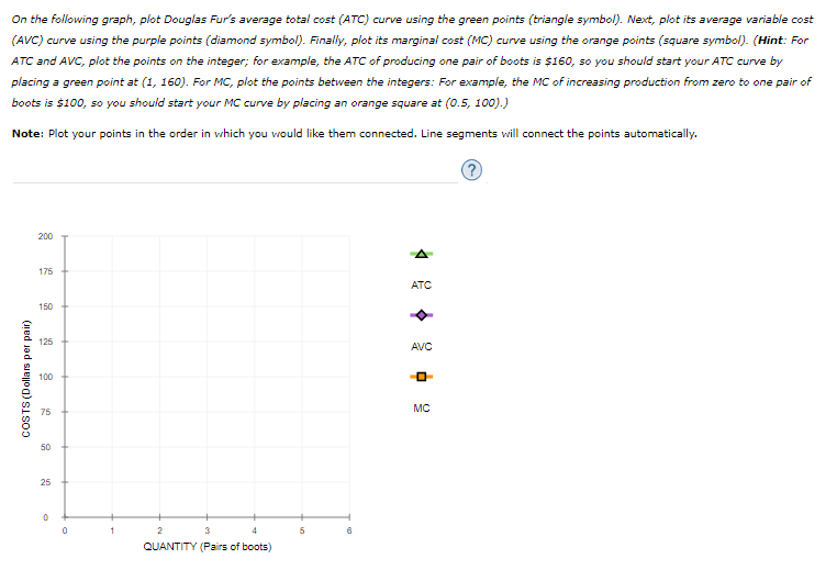 On the following graph, plot Douglas Fur's average total cost (ATC) curve using the green points (triangle symbol). Next, plot its average variable cost
(AVC) curve using the purple points (diamond symbol). Finally, plot its marginal cost (MC) curve using the orange points (square symbol). (Hint: For
ATC and AVC, plot the points on the integer; for example, the ATC of producing one pair of boots is $160, so you should start your ATC curve by
placing a green point at (1, 160). For MC, plot the points between the integers: For example, the MC of increasing production from zero to one pair of
boots is $100, so you should start your MC curve by placing an orange square at (0.5, 100).)
Note: Plot your points in the order in which you would like them connected. Line segments will connect the points automatically.
200
175
ATC
150
125
AVC
100
MC
75
50
25
4.
COSTS (Dollars per pair)
