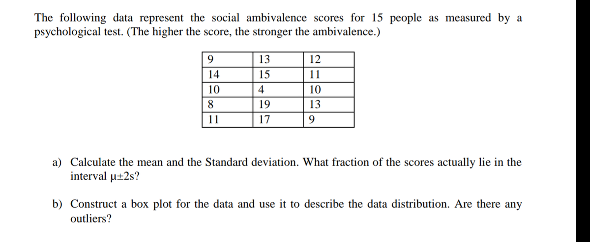 The following data represent the social ambivalence scores for 15 people as measured by a
psychological test. (The higher the score, the stronger the ambivalence.)
9.
13
12
14
15
11
10
4
10
8.
19
13
11
17
9.
a) Calculate the mean and the Standard deviation. What fraction of the scores actually lie in the
interval u±2s?
b) Construct a box plot for the data and use it to describe the data distribution. Are there any
outliers?
