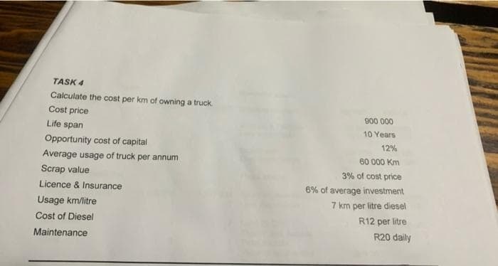 TASK 4
Calculate the cost per km of owning a truck.
Cost price
Life span
Opportunity cost of capital
Average usage of truck per annum
Scrap value
Licence & Insurance
Usage km/litre
Cost of Diesel
Maintenance
900 000
10 Years
12%
60 000 km
3% of cost price
6% of average investment
7 km per litre diesel
R12 per litre
R20 daily