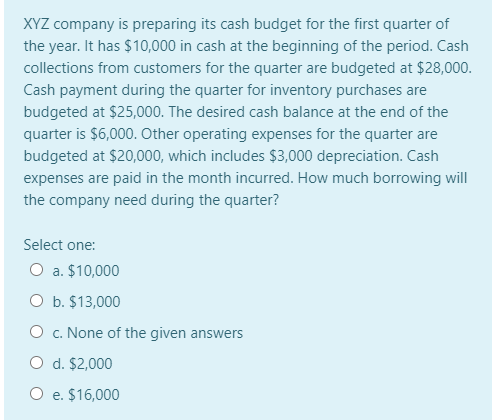 XYZ company is preparing its cash budget for the first quarter of
the year. It has $10,000 in cash at the beginning of the period. Cash
collections from customers for the quarter are budgeted at $28,000.
Cash payment during the quarter for inventory purchases are
budgeted at $25,000. The desired cash balance at the end of the
quarter is $6,000. Other operating expenses for the quarter are
budgeted at $20,000, which includes $3,000 depreciation. Cash
expenses are paid in the month incurred. How much borrowing will
the company need during the quarter?
Select one:
O a. $10,000
O b. $13,000
O c. None of the given answers
O d. $2,000
O e. $16,000
