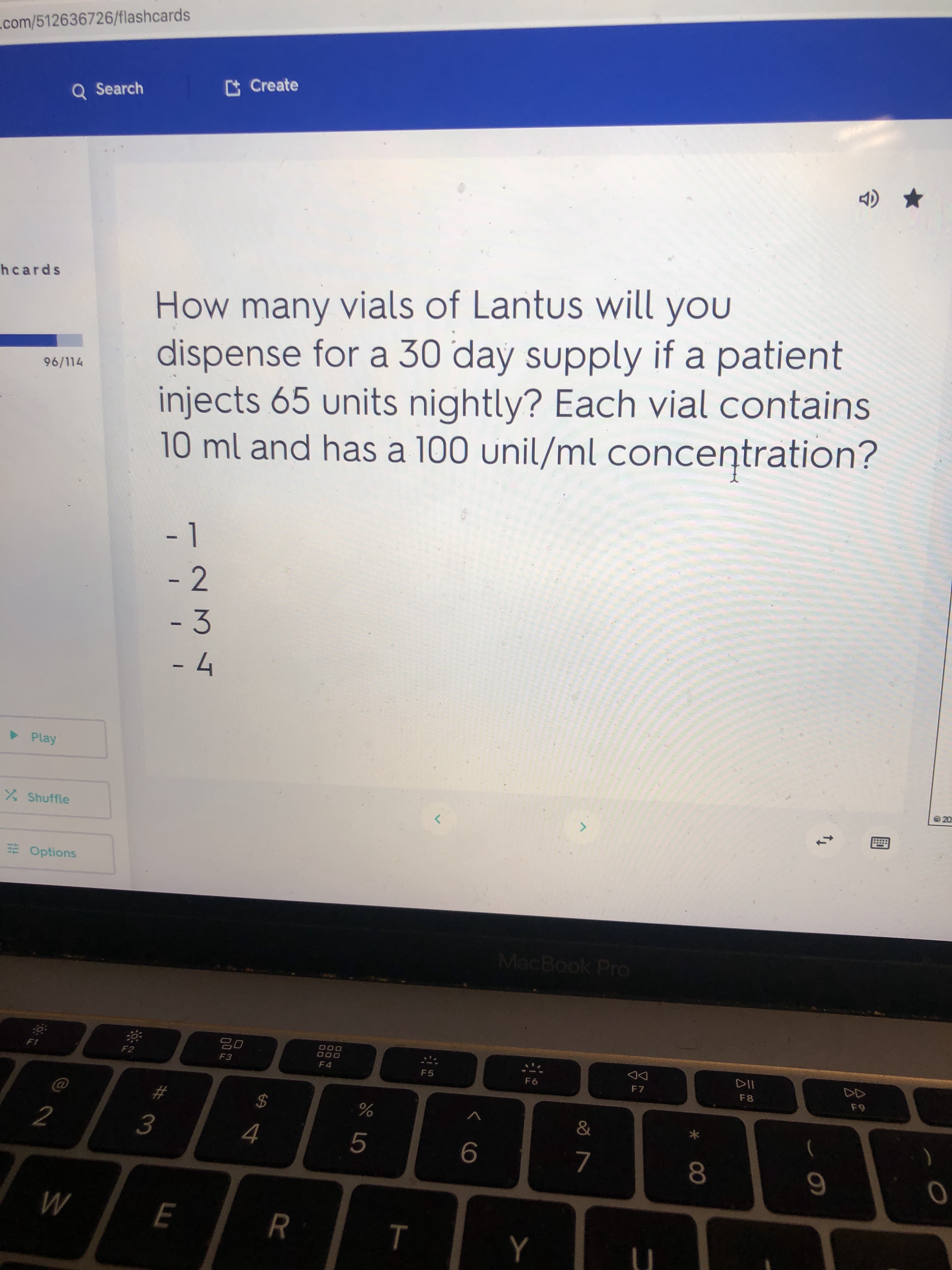 How many vials of Lantus will you
dispense for a 30 day supply if a patient
injects 65 units nightly? Each vial contains
10 ml and has a 100 unil/ml concentration?
