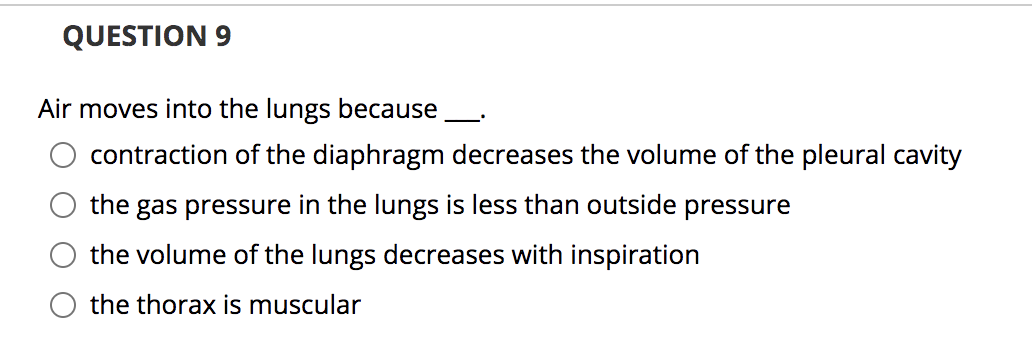 QUESTION 9
Air moves into the lungs because
contraction of the diaphragm decreases the volume of the pleural cavity
the gas pressure in the lungs is less than outside pressure
the volume of the lungs decreases with inspiration
the thorax is muscular

