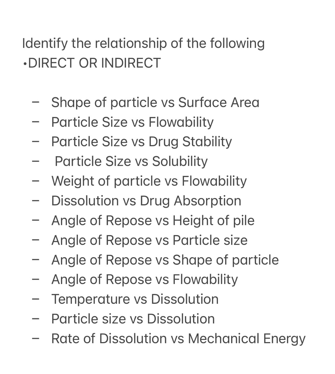 Identify the relationship of the following
•DIRECT OR INDIRECT
Shape of particle vs Surface Area
Particle Size vs Flowability
Particle Size vs Drug Stability
Particle Size vs Solubility
Weight of particle vs Flowability
Dissolution vs Drug Absorption
Angle of Repose vs Height of pile
-
Angle of Repose vs Particle size
-
Angle of Repose vs Shape of particle
-
Angle of Repose vs Flowability
Temperature vs Dissolution
Particle size vs Dissolution
Rate of Dissolution vs Mechanical Energy
