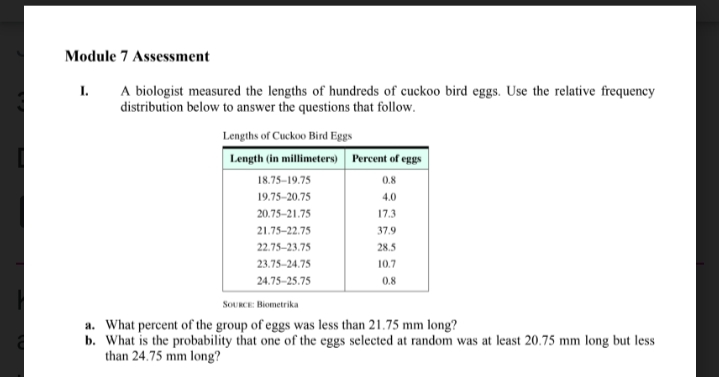 Module 7 Assessment
I.
A biologist measured the lengths of hundreds of cuckoo bird eggs. Use the relative frequency
distribution below to answer the questions that follow.
Lengths of Cuckoo Bird Eggs
Length (in millimeters) Percent of eggs
18.75–19.75
0.8
19.75-20.75
4.0
20.75-21.75
17.3
21.75-22.75
37.9
22.75-23.75
28.5
23.75-24.75
10.7
24.75-25.75
0.8
SOURCE: Biometrika
a. What percent of the group of eggs was less than 21.75 mm long?
b. What is the probability that one of the eggs selected at random was at least 20.75 mm long but less
than 24.75 mm long?
