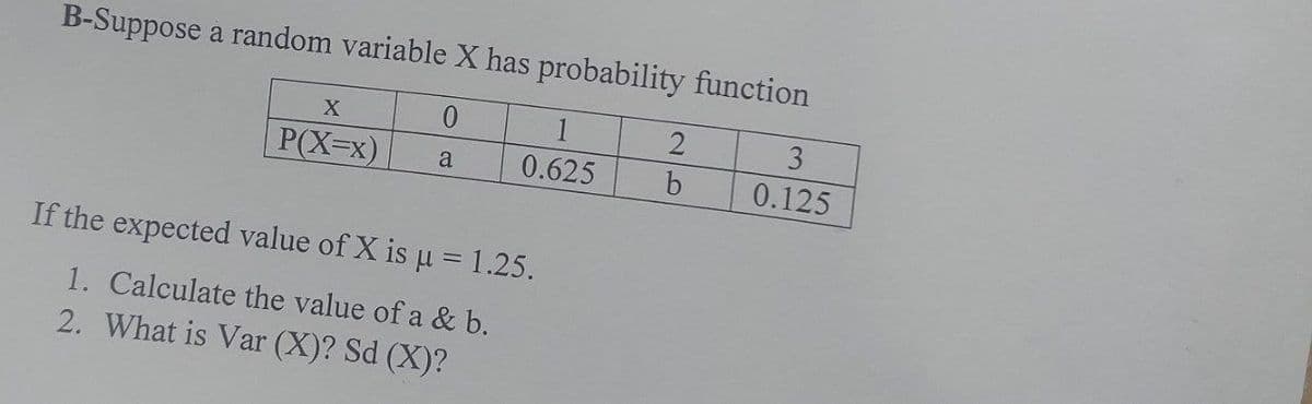 B-Suppose a random variable X has probability function
P(X=x)
0.625
0.125
a
If the expected value of X is u = 1.25.
1. Calculate the value of a & b.
2. What is Var (X)? Sd (X)?
