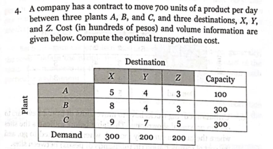 4. A company has a contract to move 700 units of a product per day
between three plants A, B, and C, and three destinations, X, Y,
and Z. Cost (in hundreds of pesos) and volume information are
given below. Compute the optimal transportation cost.
Destination
Y
2
Capacity
A
4
be3
100
B
4
300
C
9
7
300
Demand op 300
200
Plant
58
5
3
5
200