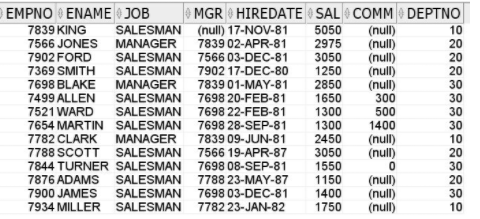 EMPNO ENAME JOB
MGR HIREDATE SAL COMM DEPTNO
(null)
(null)
(null)
(null)
(null)
300
500
7839 KING
7566 JONES
SALESMAN
MANAGER
(null) 17-NOV-81
7839 02-APR-81
5050
10
20
2975
3050
1250
2850
1650
1300
1300
2450
7902 FORD
7369 SMITH
SALESMAN
SALESMAN
7566 03-DEC-81
7902 17-DEC-80
20
20
7698 BLAKE
MANAGER
7839 01-MAY-81
30
7499 ALLEN
7521 WARD
7654 MARTIN SALESMAN
7782 CLARK
SALESMAN
SALESMAN
7698 20-FEB-81
7698 22-FEB-81
30
30
7698 28-SEP-81
7839 09-JUN-81
1400
30
10
(null)
(null)
MANAGER
3050
1550
1150
7788 SCOTT
SALESMAN
7566 19-APR-87
20
7844 TURNER SALESMAN
7876 ADAMS
7698 08-SEP-81
7788 23-MAY-87
30
20
SALESMAN
(null)
7900 JAMES
7934 MILLER
SALESMAN
SALESMAN
7698 03-DEC-81
7782 23-JAN-82
1400
1750
(null)
(null)
30
10
