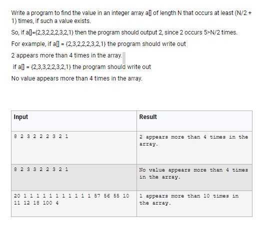 Write a program to find the value in an integer array all of length N that occurs at least (N/2 +
1) times, if such a value exists.
So, if all={2,3,2,2,2,3,2,1} then the program should output 2, since 2 occurs 5>N/2 times.
For example, if all = {2,3,2,2,2,3,2,1} the program should write out
2 appears more than 4 times in the array.
if all = {2,3,3,2,2,3,2,1} the program should write out
No value appears more than 4 times in the array.
Input
Result
8 2 3 2 2 2 3 2 1
2 appears more than 4 times in the
array.
8 2 33 2 2 3 2 1
No value appears more than 4 times
in the array.
20 1 1 1 1 1 1 1 1 1 1 1 57 56 55 10
11 12 18 100 4
1 appears more than 10 times in
the array.
