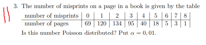 3. The number of misprints on a page in a book is given by the table
number of misprints
number of pages
1
2
3
4
6 7 8
| 69 | 120 | 134 | 95 | 40 18 331
18 | 5
Is this number Poisson distributed? Put a = 0,01.

