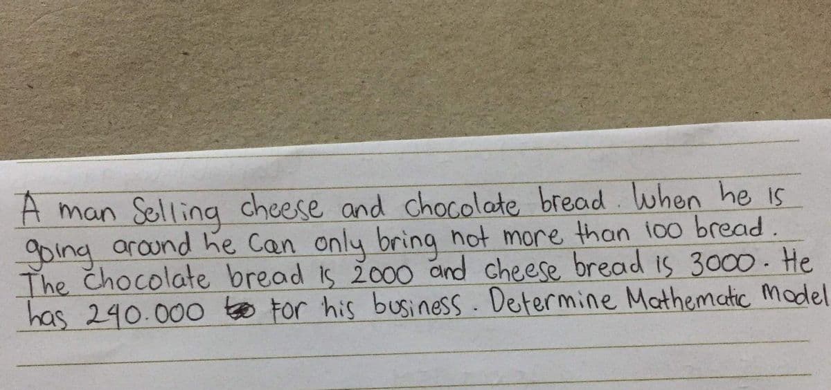 A man Selling cheese and chocolate bread. when he iS
going around he Can only bring not more than 10o bread.
The Chocolate bread is 2o00 and cheese bread is 3000- He
has 240.000 to For his business. Determine Mathematic model
