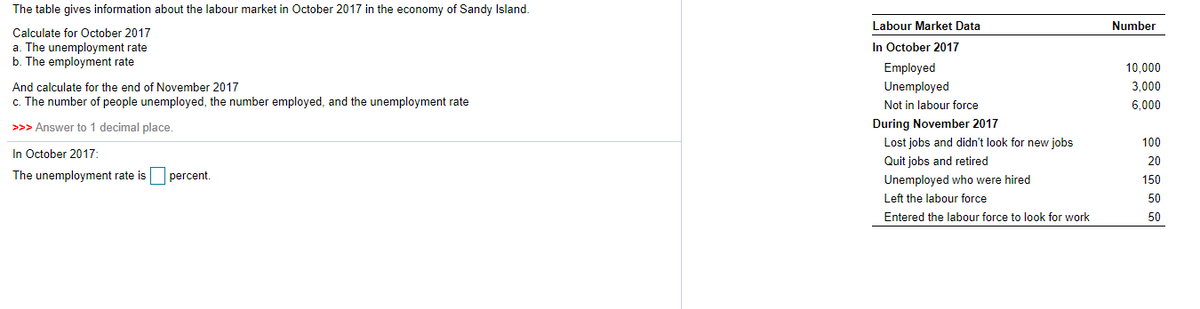 The table gives information about the labour market in October 2017 in the economy of Sandy Island.
Labour Market Data
Number
Calculate for October 2017
In October 2017
a. The unemployment rate
b. The employment rate
Employed
10,000
And calculate for the end of November 2017
Unemployed
3,000
c. The number of people unemployed, the number employed, and the unemployment rate
Not in labour force
6,000
>>> Answer to 1 decimal place.
During November 2017
Lost jobs and didn't look for new jobs
100
In October 2017:
Quit jobs and retired
20
The unemployment rate is percent.
Unemployed who were hired
150
Left the labour force
50
Entered the labour force to look for work
50
