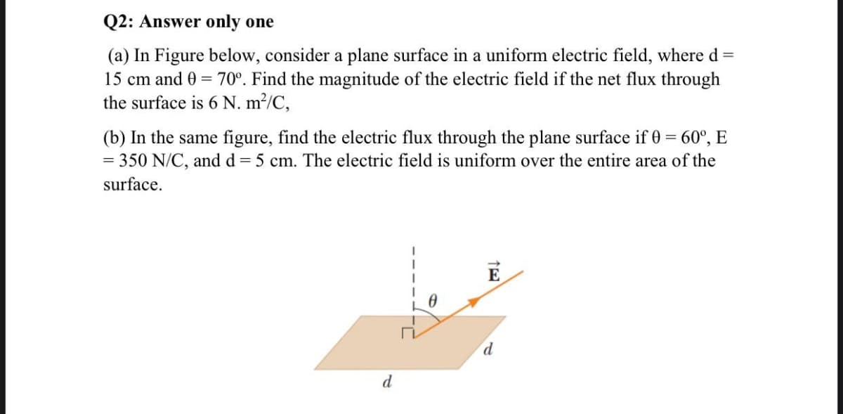 Q2: Answer only one
(a) In Figure below, consider a plane surface in a uniform electric field, where d =
15 cm and 0 = 70°. Find the magnitude of the electric field if the net flux through
the surface is 6 N. m²/C,
(b) In the same figure, find the electric flux through the plane surface if 0 = 60°, E
= 350 N/C, and d = 5 cm. The electric field is uniform over the entire area of the
surface.
E
