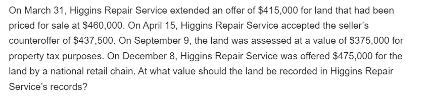 On March 31, Higgins Repair Service extended an offer of $415,000 for land that had been
priced for sale at $460,000. On April 15, Higgins Repair Service accepted the seller's
counteroffer of $437,500. On September 9, the land was assessed at a value of $375,000 for
property tax purposes. On December 8, Higgins Repair Service was offered $475,000 for the
land by a national retail chain. At what value should the land be recorded in Higgins Repair
Service's records?
