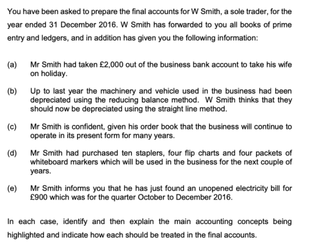 You have been asked to prepare the final accounts for W Smith, a sole trader, for the
year ended 31 December 2016. W Smith has forwarded to you all books of prime
entry and ledgers, and in addition has given you the following information:
(a)
Mr Smith had taken £2,000 out of the business bank account to take his wife
on holiday.
(b)
Up to last year the machinery and vehicle used in the business had been
depreciated using the reducing balance method. W Smith thinks that they
should now be depreciated using the straight line method.
(c)
Mr Smith is confident, given his order book that the business will continue to
operate in its present form for many years.
(d)
Mr Smith had purchased ten staplers, four flip charts and four packets of
whiteboard markers which will be used in the business for the next couple of
years.
(e)
Mr Smith informs you that he has just found an unopened electricity bill for
£900 which was for the quarter October to December 2016.
In each case, identify and then explain the main accounting concepts being
highlighted and indicate how each should be treated in the final accounts.
