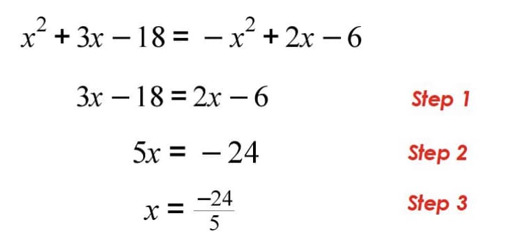 x* + 3x – 18 = –x² +2x – 6
|
3x – 18 = 2x –6
|
Step 1
5x = – 24
Step 2
-24
X =
5
Step 3
