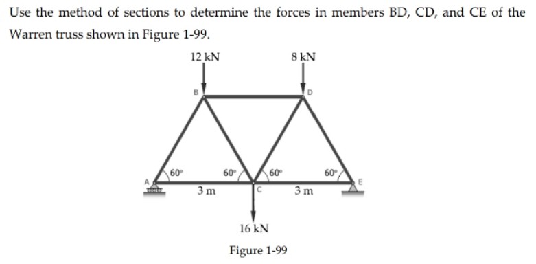 Use the method of sections to determine the forces in members BD, CD, and CE of the
Warren truss shown in Figure 1-99.
12 kN
8 kN
60⁰
3 m
60°
60⁰
16 kN
Figure 1-99
3 m
60°