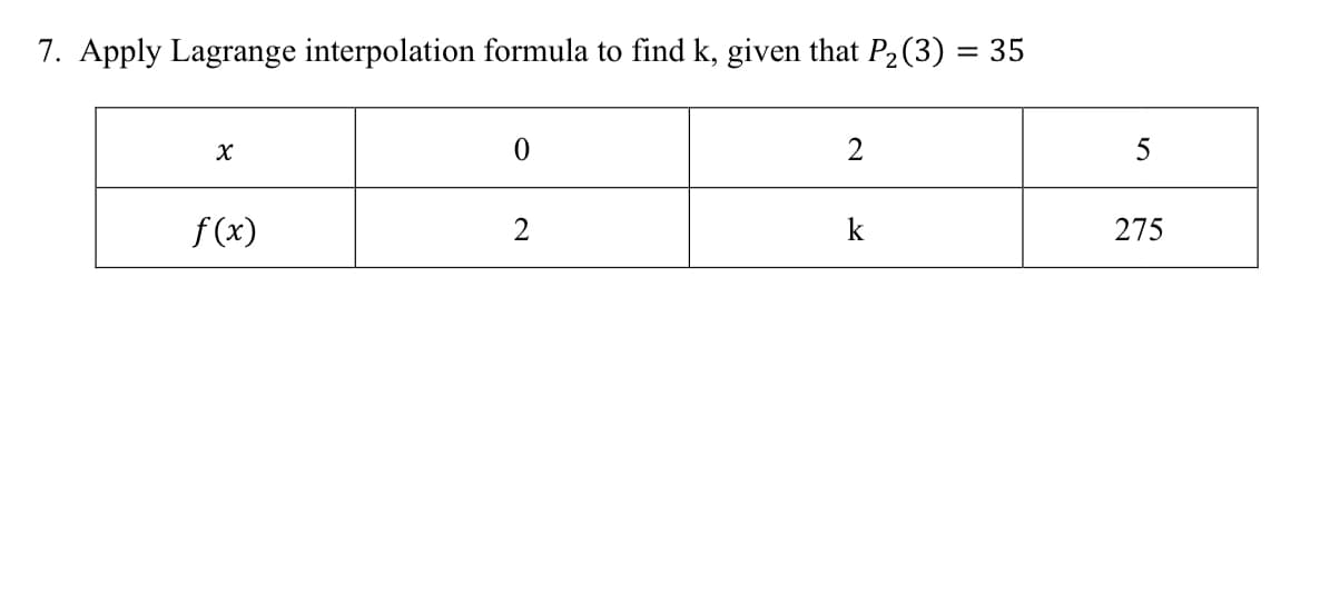 7. Apply Lagrange interpolation formula to find k, given that P2(3) = 35
2
5
f (x)
2
k
275
