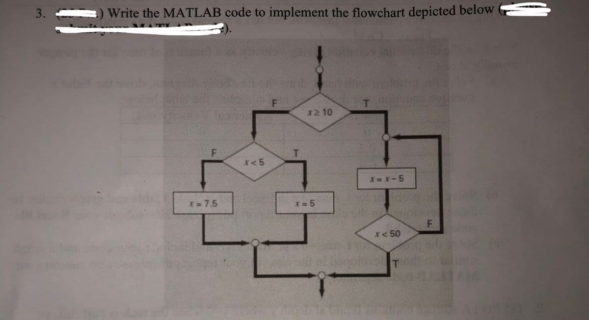 3.
Write the MATLAB code to implement the flowchart depicted below
MATT
業10
X<5
X= X-5
美7.5
*= 5
*<50
T
AM
