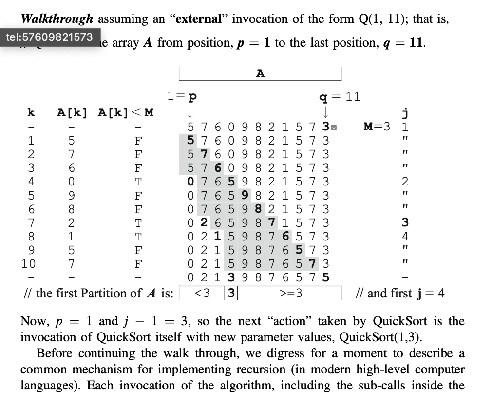 Walkthrough assuming an "external" invocation of the form Q(1, 11); that is,
tel:57609821573
le array A from position, p = 1 to the last position, q
= 11.
A
1=p
11
k
A[k] A[k]<M
5 7 6 0 9 8 2 1 5 7 3.
5 7 60 98 2 157 3
5 7 6 0 9 8 2 15 7 3
5 7 6 0 9 8 2 1 5 7 3
0 76 5 9 82157 3
0 7 6 5 9 8 2 157 3
0 7 6 5 9 8 2157 3
0 2 6 5 9 87157 3
0 2 1 5 9 87 657 3
0 2 15 9 876 57 3
0 2 15 9 8 76 5 7 3
0 2 1 3 9 876575
M=3 1
-
1
F
2
F
3
F
4
5
F
F
7
8
T
4
F
10
F
// the first Partition of A is:
<3
3
>=3
// and first j= 4
Now, p
1 and j
3, so the next "action" taken by QuickSort is the
invocation of QuickSort itself with new parameter values, QuickSort(1,3).
Before continuing the walk through, we digress for a moment to describe a
common mechanism for implementing recursion (in modern high-level computer
languages). Each invocation of the algorithm, including the sub-calls inside the
|576 ㅇ982 157
