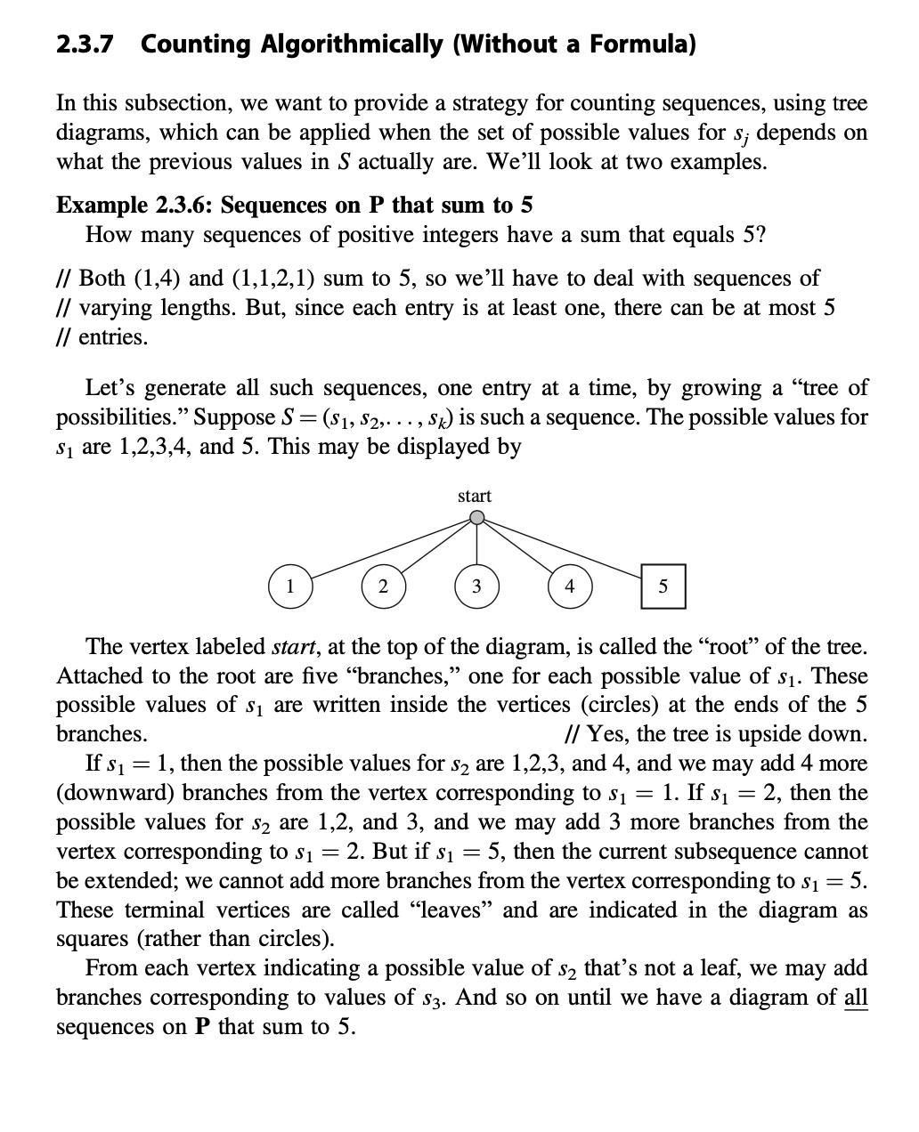 2.3.7 Counting Algorithmically (Without a Formula)
In this subsection, we want to provide a strategy for counting sequences, using tree
diagrams, which can be applied when the set of possible values for s; depends on
what the previous values in S actually are. We'll look at two examples.
Example 2.3.6: Sequences on P that sum to 5
How many sequences of positive integers have a sum that equals 5?
// Both (1,4) and (1,1,2,1) sum to 5, so we'll have to deal with sequences of
// varying lengths. But, since each entry is at least one, there can be at most 5
// entries.
Let's generate all such sequences, one entry at a time, by growing a "tree of
possibilities." Suppose S= (s1, S2,. .., Sk) is such a sequence. The possible values for
S1 are 1,2,3,4, and 5. This may be displayed by
start
3
4
5
The vertex labeled start, at the top of the diagram, is called the "root" of the tree.
Attached to the root are five “branches," one for each possible value of s1. These
possible values of s1 are written inside the vertices (circles) at the ends of the 5
branches.
// Yes, the tree is upside down.
If s1 = 1, then the possible values for s2 are 1,2,3, and 4, and we may add 4 more
(downward) branches from the vertex corresponding to s1 = 1. If s1 = 2, then the
possible values for s2 are 1,2, and 3, and we may add 3 more branches from the
vertex corresponding to s1 = 2. But if s1 = 5, then the current subsequence cannot
be extended; we cannot add more branches from the vertex corresponding to s1 = 5.
These terminal vertices are called "leaves" and are indicated in the diagram as
squares (rather than circles).
From each vertex indicating a possible value of s2 that's not a leaf, we may add
branches corresponding to values of s3. And so on until we have a diagram of all
sequences on P that sum to 5.
