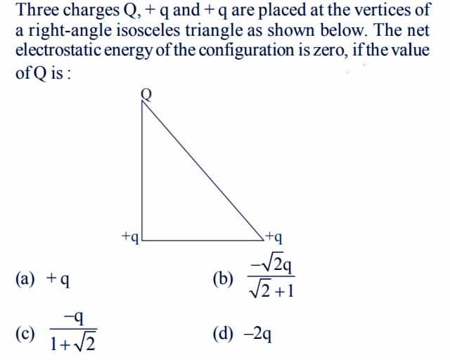 Three charges Q,+q and +q are placed at the vertices of
a right-angle isosceles triangle as shown below. The net
electrostatic energy of the configuration is zero, if the value
of Q is :
+q
b+
(а) +9
(b) J2+1
--
(c) 1+v2
(d) -2q
