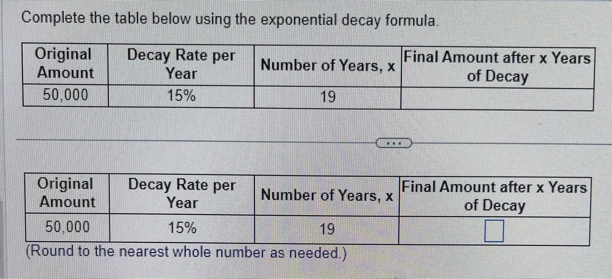 Complete the table below using the exponential decay formula.
Original Decay Rate per
Amount
Year
50,000
15%
Number of Years, x
19
Original
Amount
50,000
Decay Rate per
Year
15%
19
(Round to the nearest whole number as needed.)
.….
Number of Years, x
Final Amount after x Years
of Decay
Final Amount after x Years
of Decay