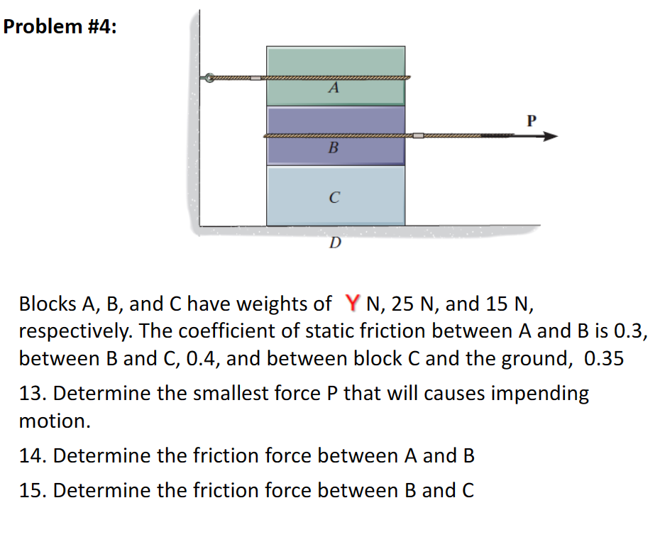 Problem #4:
A
P
B
C
D
Blocks A, B, and C have weights of Y N, 25 N, and 15 N,
respectively. The coefficient of static friction between A and B is 0.3,
between B and C, 0.4, and between block C and the ground, 0.35
13. Determine the smallest force P that will causes impending
motion.
14. Determine the friction force between A and B
15. Determine the friction force between B and C
