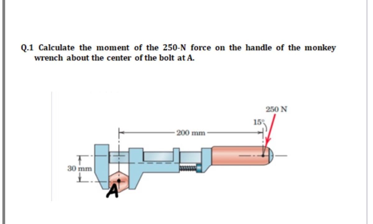 Q.1 Calculate the moment of the 250-N force on the handle of the monkey
wrench about the center of the bolt at A.
250 N
15
200 mm
30 mm
