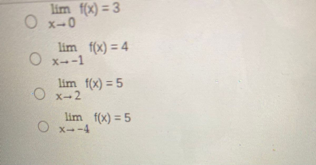 lim f(x) = 3
O x-0
lim f(x) = 4
O x--1
lim f(x) = 5
X-2
lim f(x)= 5
O x--4
