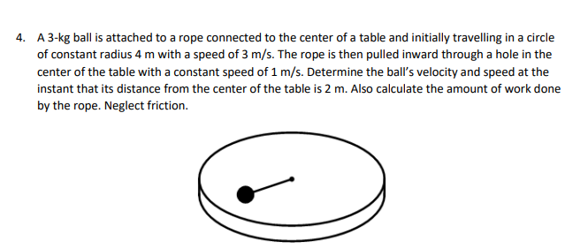 4. A 3-kg ball is attached to a rope connected to the center of a table and initially travelling in a circle
of constant radius 4 m with a speed of 3 m/s. The rope is then pulled inward through a hole in the
center of the table with a constant speed of 1 m/s. Determine the ball's velocity and speed at the
instant that its distance from the center of the table is 2 m. Also calculate the amount of work done
by the rope. Neglect friction.