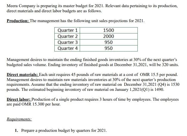 Meera Company is preparing its master budget for 2021. Relevant data pertaining to its production,
direct materials and direct labor budgets are as follows.
Production: The management has the following unit sales projections for 2021.
Quarter 1
1500
Quarter 2
2000
Quarter 3
950
Quarter 4
950
Management desires to maintain the ending finished goods inventories at 30% of the next quarter's
budgeted sales volume. Ending inventory of finished goods at December 31,2021, will be 320 units.
Direct materials: Each unit requires 45 pounds of raw materials at a cost of OMR 15.5 per pound.
Management desires to maintain raw materials inventories at 30% of the next quarter's production
requirements. Assume that the ending inventory of raw material on December 31,2021 (Q4) is 1530
pounds. The estimated beginning inventory of raw material on January 1,2021(QI) is 1490.
Direct labor: Production of a single product requires 3 hours of time by employees. The employees
are paid OMR 15.300 per hour.
Requirements:
1. Prepare a production budget by quarters for 2021.
